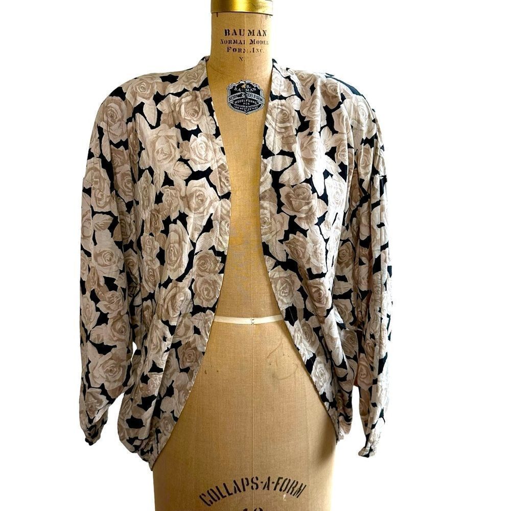 Vintage 70’s Vera Neumann Black and Tan Floral Dolman sleeve Jacket Size 10